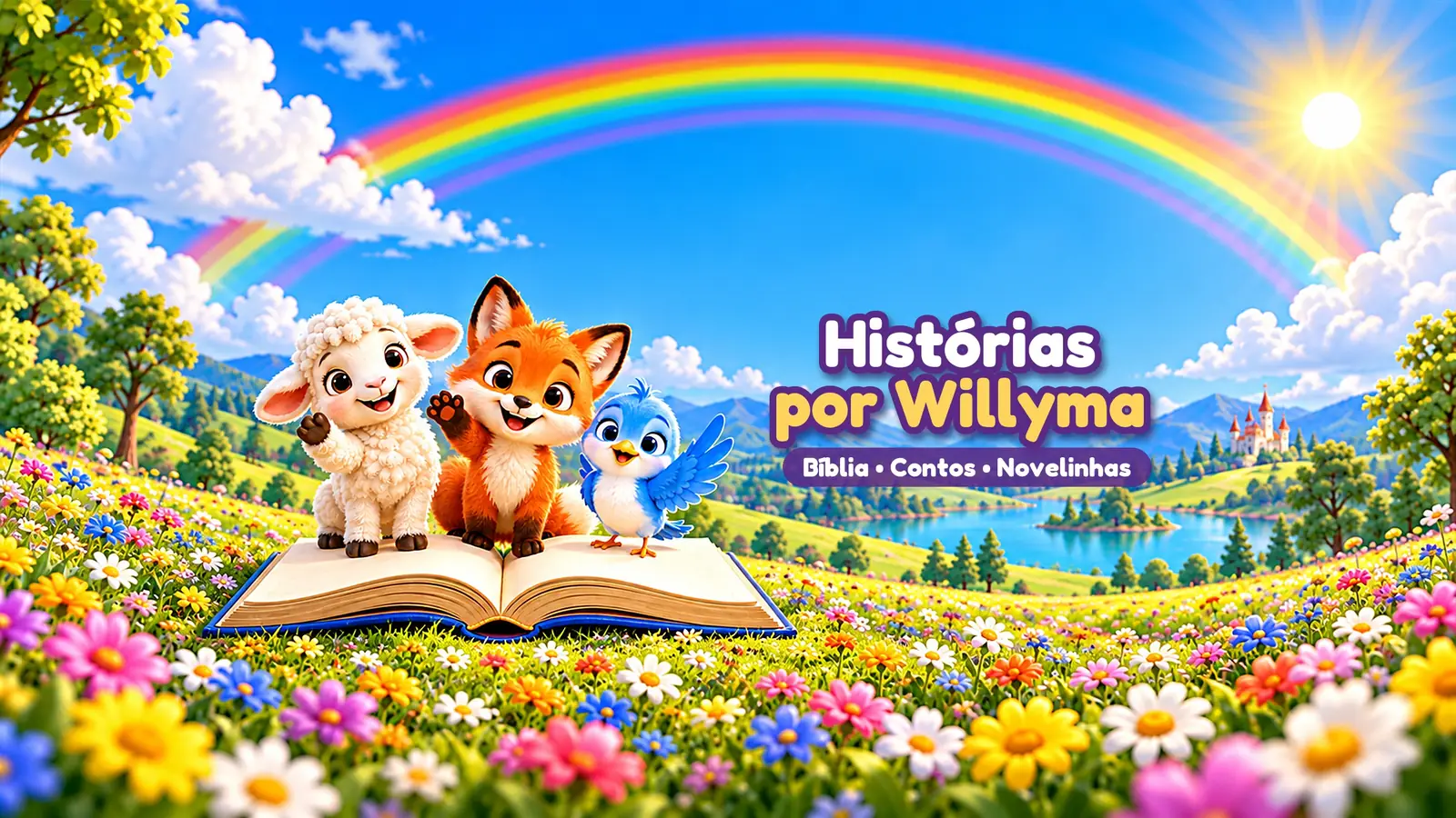 Cordeirinho, raposinha e passarinho azul acenando sobre um livro aberto, num campo florido com arco-íris, ao lado do nome Histórias por Willyma